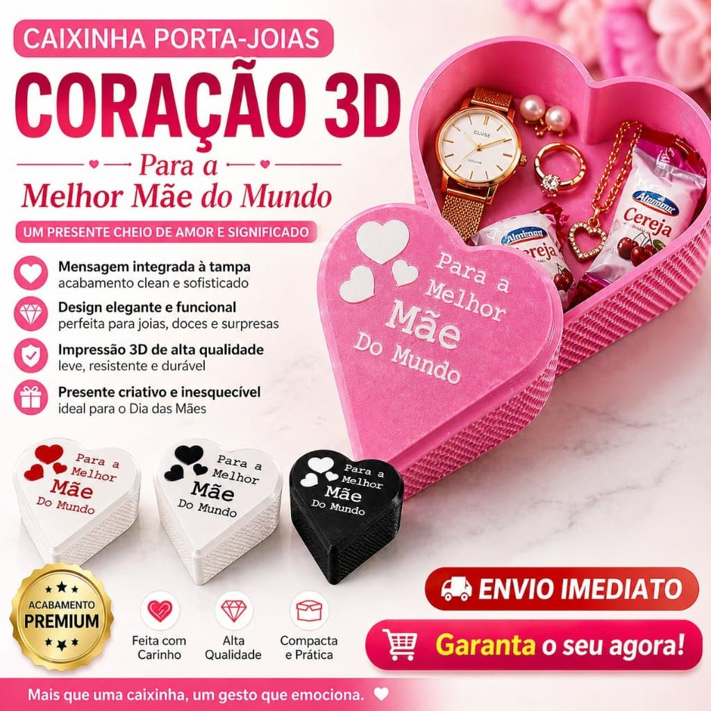 💖 Porta-Joias Coração 3D “Para a Melhor Mãe do Mundo” | Presente Elegante e Criativo| Presente Dia das Mães | Exclusivo