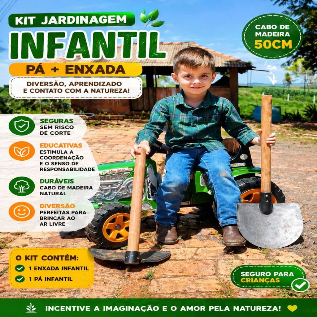 Kit Jardim Infantil Com Enxada E Pá de Borracha / Cabo De Madeira 50cm - Brinquedo Educativo Seguro Meninos e Meninas