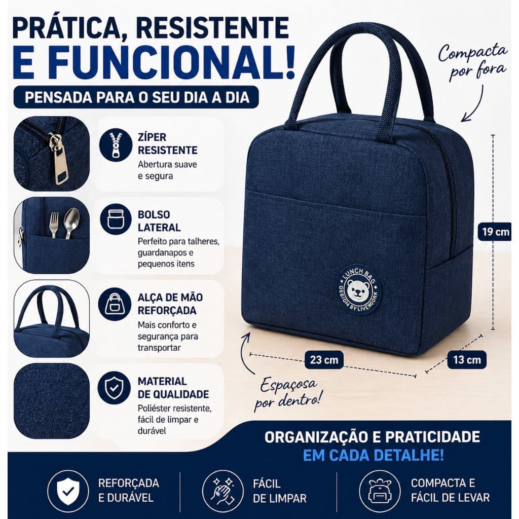 Bolsa Térmica Marmita com Bolso Lateral Lancheira Térmica Compacta para Trabalho Academia Escola