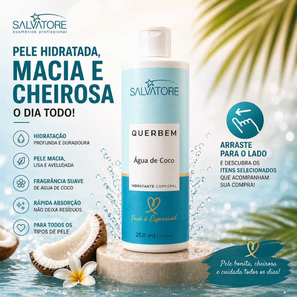 Creme Hidratante Corporal Água de Coco Salvatore 250ml Pele Macia Cheirosa Hidratação Profunda