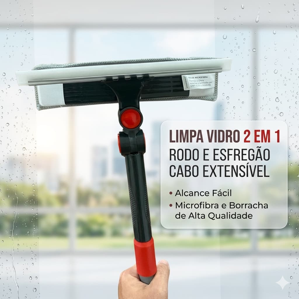 Rodo Esfregão Limpa Vidros 2 Em 1 Cabo Extensível 150 Cm Alta Eficiência Limpeza Fácil Sem Resíduos