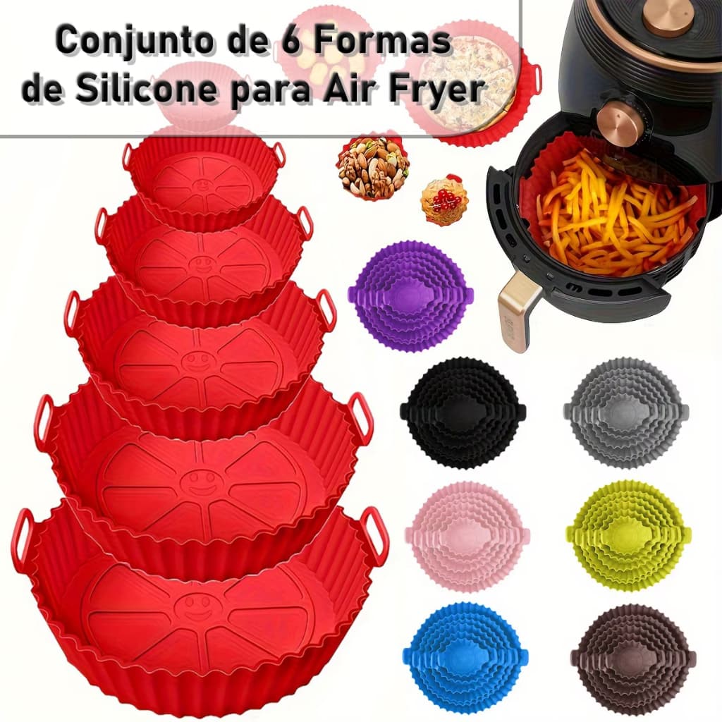 Kit C/6 Formas de Silicone Para Air fryer Tamanho variados Reutilizável Protetor Assadeira Com Alça