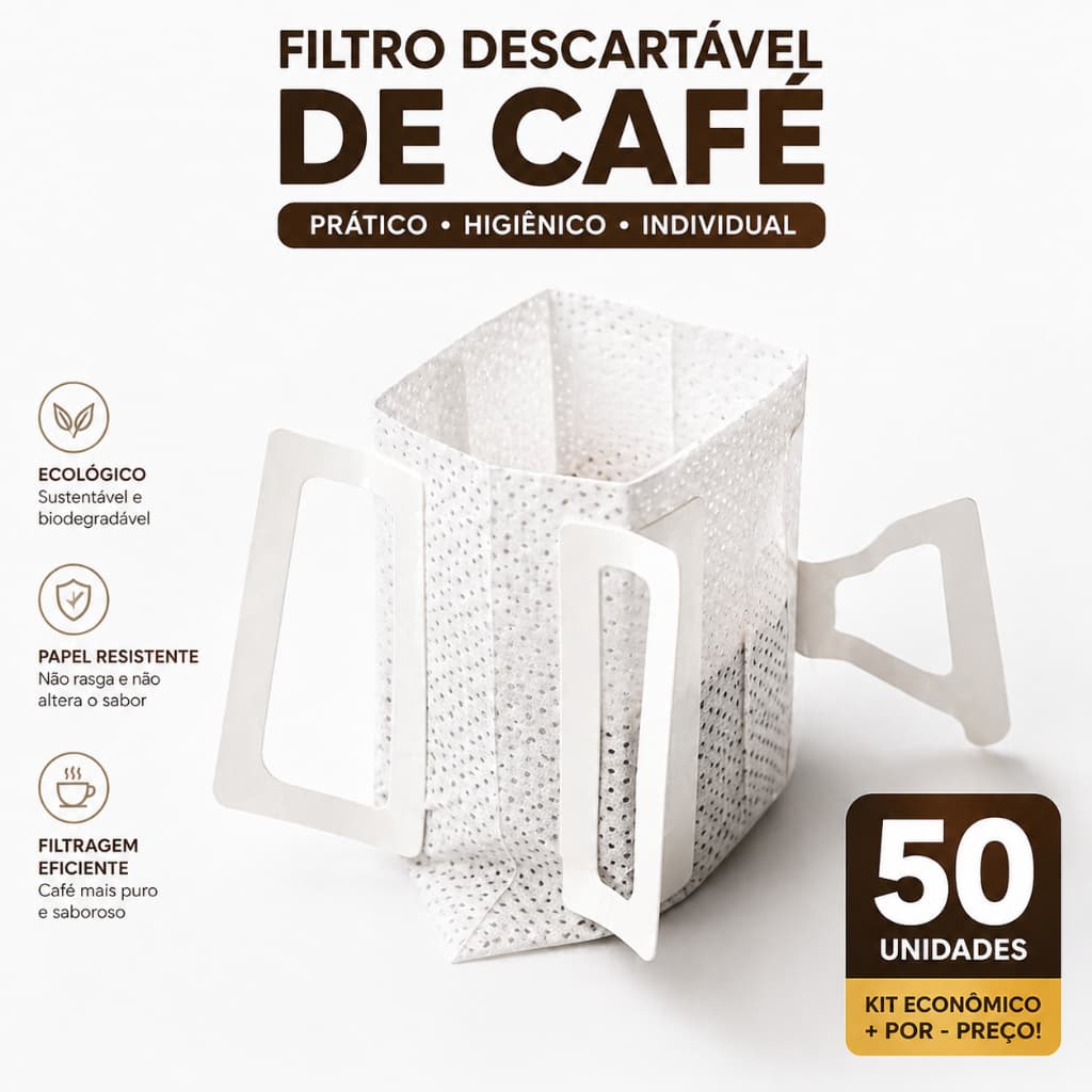 Coador de Café Descartável Individual Kit 50/100/ Filtros de Papel Portátil com Abas Dose Única