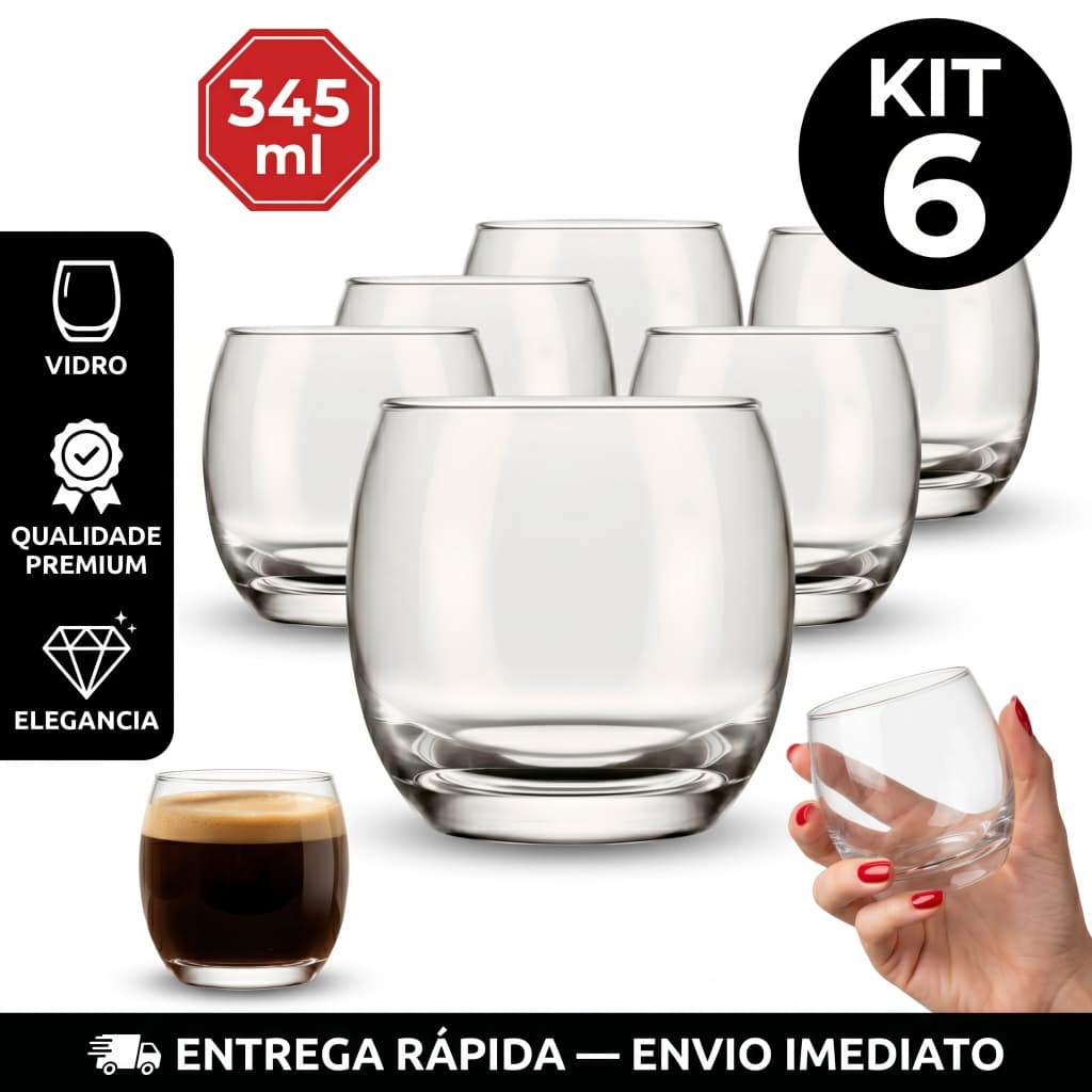 Kit Jogo de Copos Sm Aruba Rocks 345ml Vidro Temperado Liso Multiuso whisky Drink Gin - Kit 6 Unidades