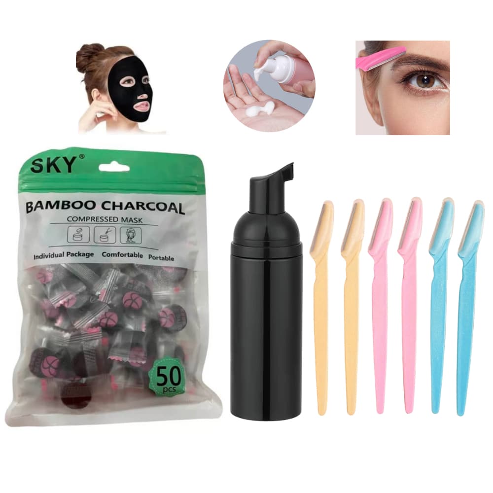 Kit Depilação Cuidado e Limpeza Facial 50 Máscaras Bambu Desidratadas Pump Espumador e 6 Navalhas