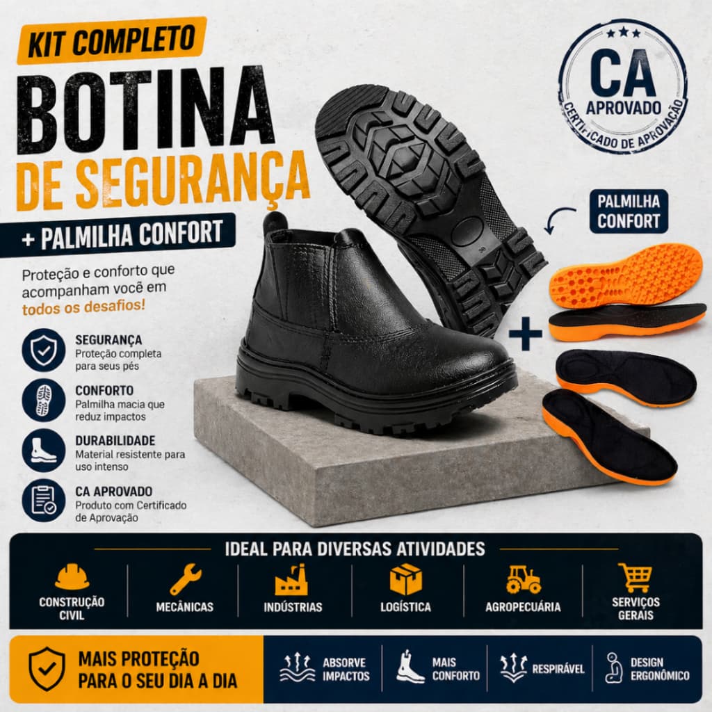 Kit Botina Segurança EPI Couro + Palmilha Gel PU Antiderrapante CA Trabalho