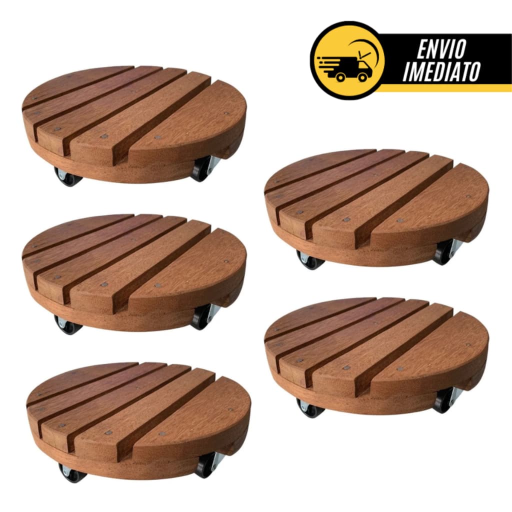 Kit 05 Suporte Para Botijão De Gás Vaso Planta Com Rodinha Redondo Até 80kg Madeira 20cm 25cm 30cm