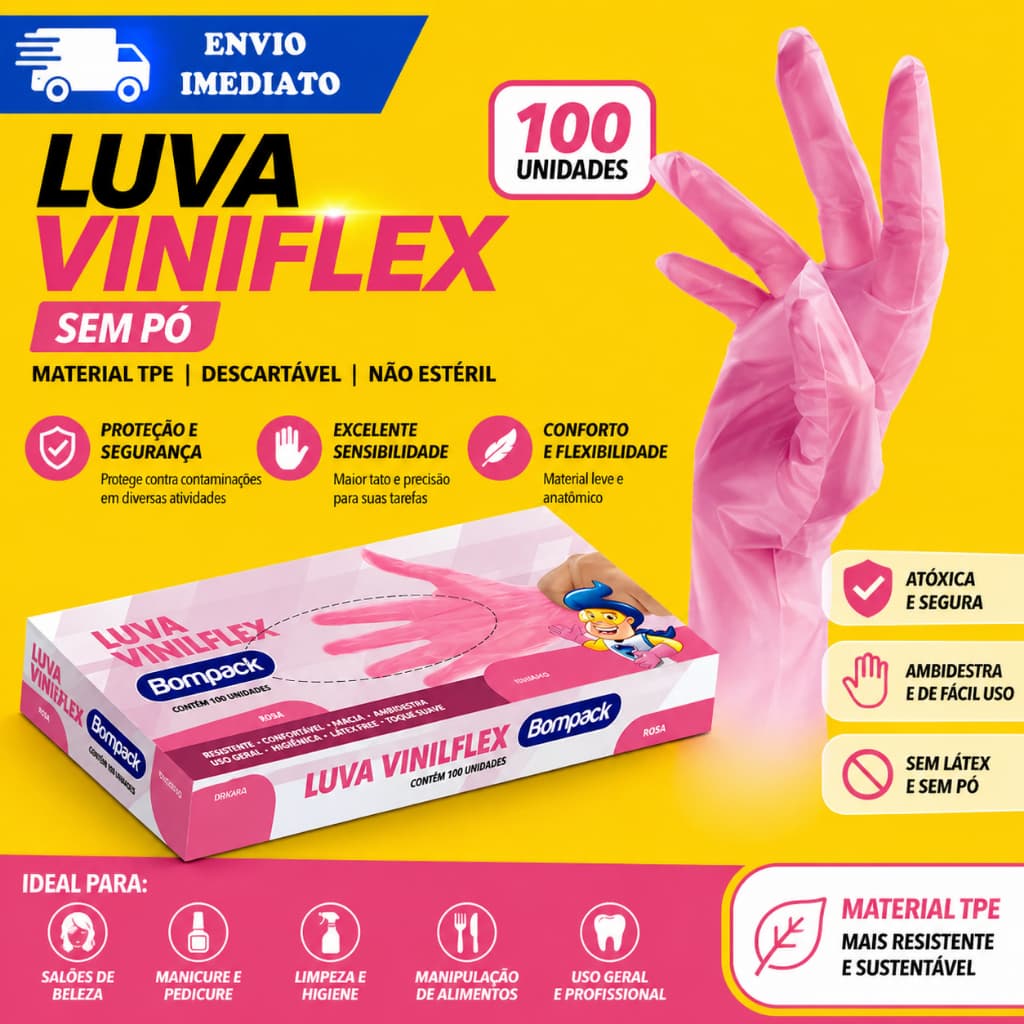 LUVA ROSA DESCARTÁVEL VINILFLEX SEM PÓ BOMPACK - C/100 unidades