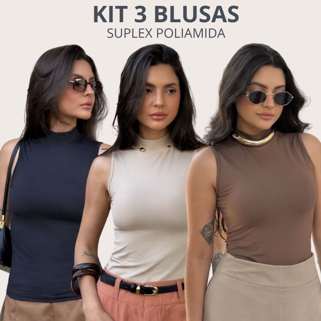 Kit 3 Regata Gola Alta Justinha Malha Poliamida Premium Básica