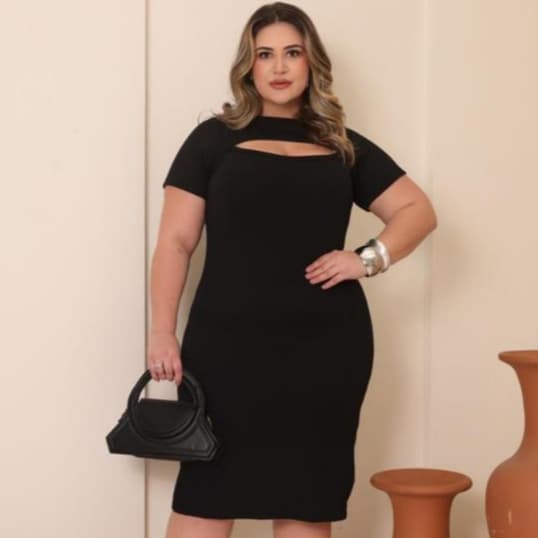 Vestido Feminino Plus Size Midi Tubinho Canelado Recorte Colo Abertura Busto GG G1 G2