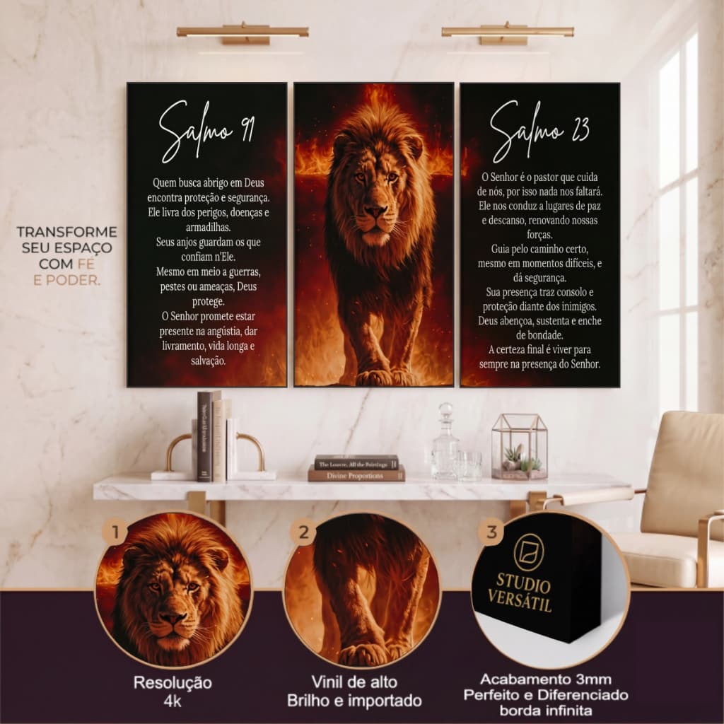 Kit 3 Quadros Decorativos Leão Juda Fogo Salmo 91 e 23 Moderno Luxuoso Religioso Elegante