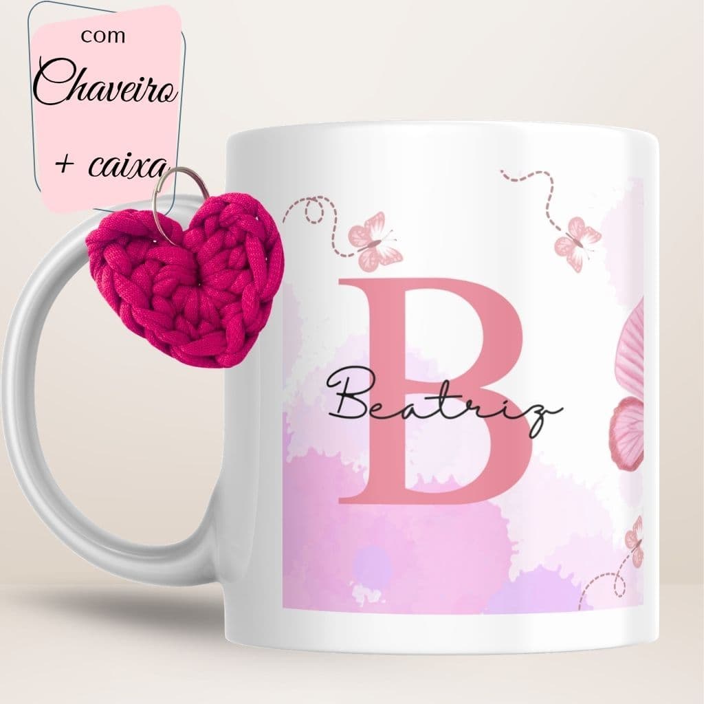 Kit caneca personalizada + chaveiro fio de malha + caixa visor coração- xícara porcelana