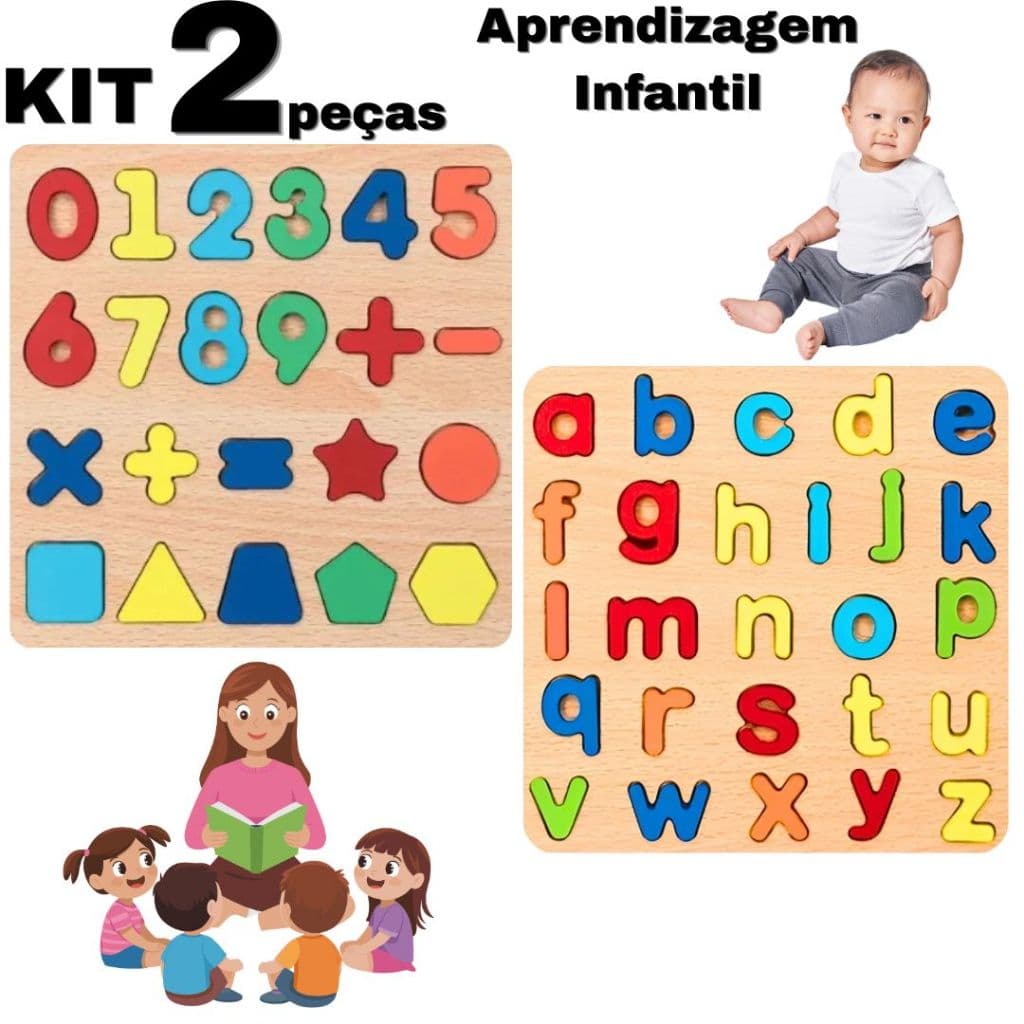 Kit Brinquedo Educativo Infantil Madeira Alfabeto Números Encaixe Aprendizagem