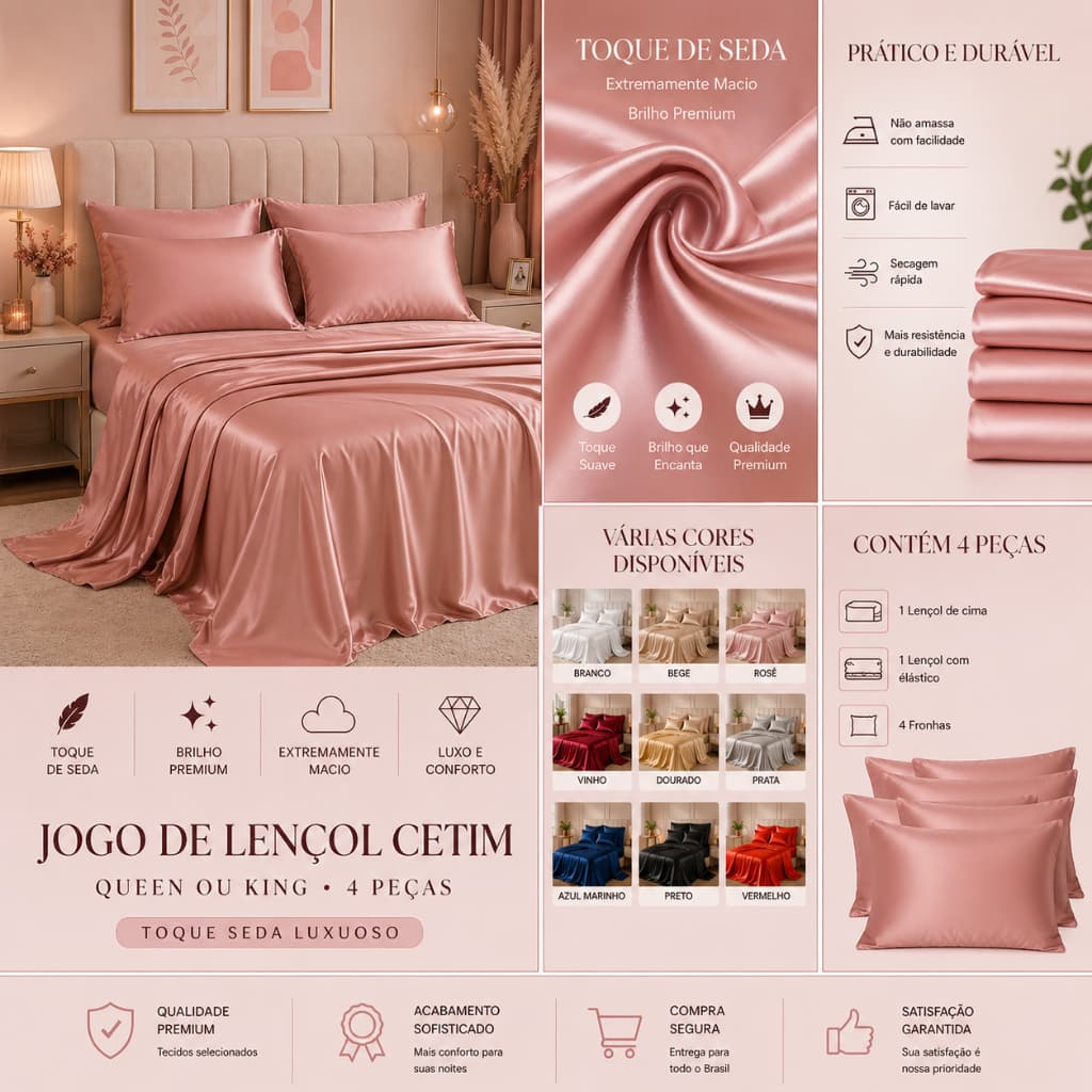 Jogo de Cama Cetim Charmousse Casal Queen King Brilhante 4 Peças Toque Macio Sedosso Promoção