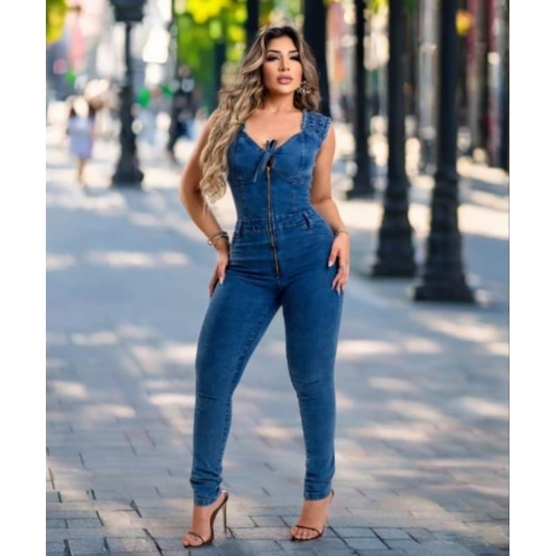 Macacão Jeans Feminino Skinny Empina Bumbum com laycra Manga Curta Modelador 38 ao 48