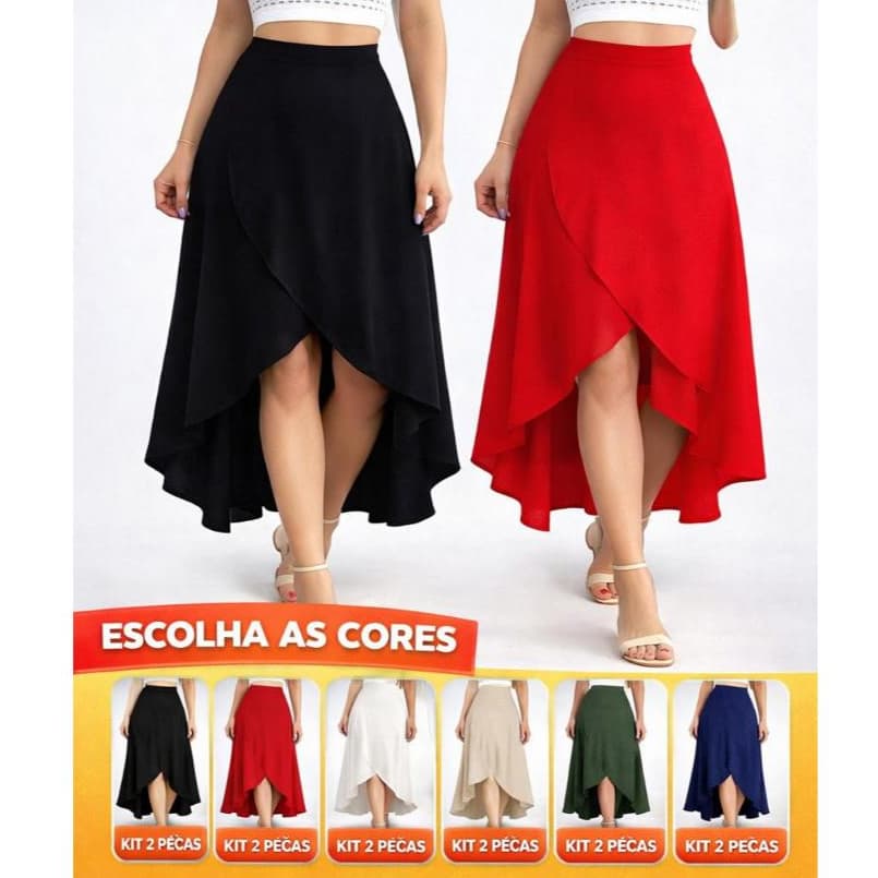 Saia Envelope Feminina Midi/ Longa Ajustável Transpassada Multiuso Elegante