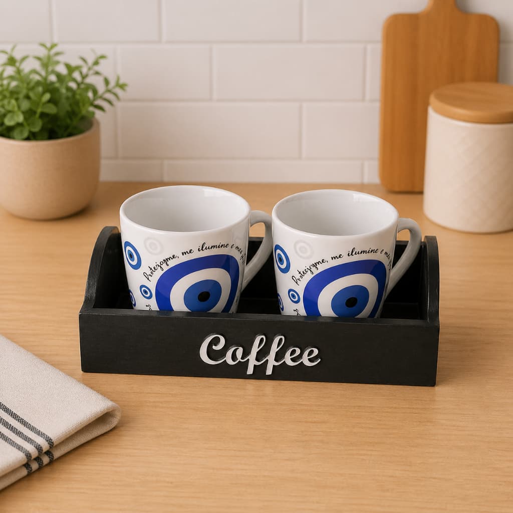 Xicaras para Cafe Olho Grego 120ml Com Bandeja Mdf Coffe
