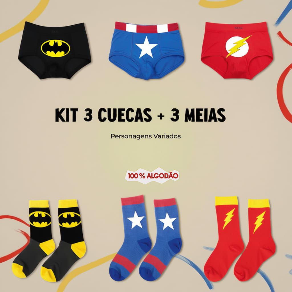 Kit 3 Cuecas + 3 Meias Personagem Infantil Menino 100% Algodão