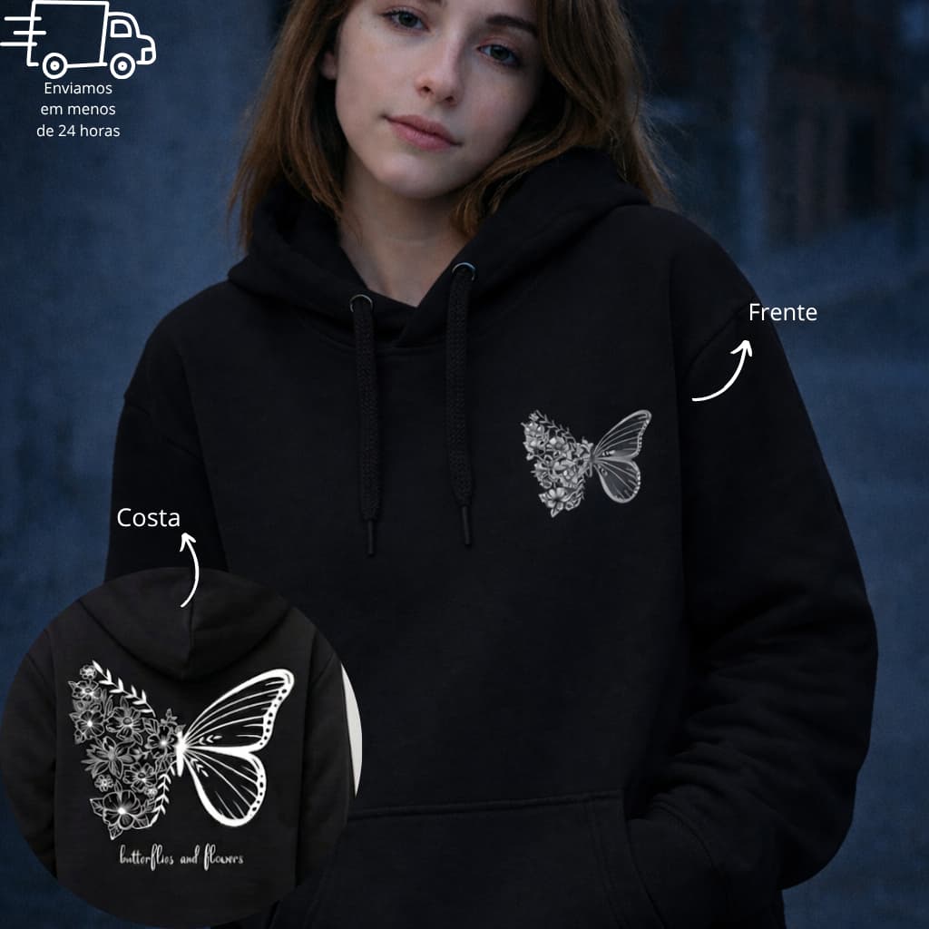 Moletom Inverno Canguru Capuz Flanelado Estampa Unissex Look Casual Estilo Urbano Algodão Borboleta