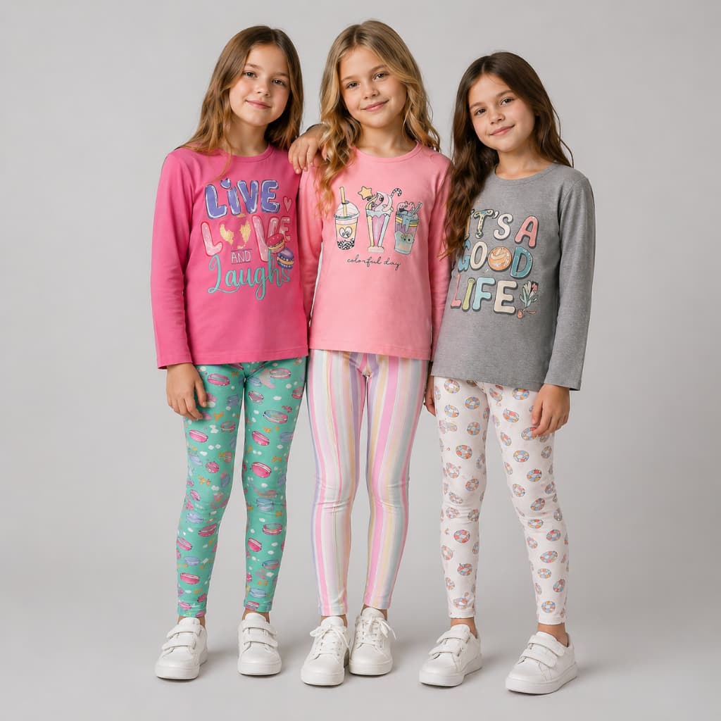 Kit 6 Peças Sortidas Infantil Feminino Meia Estação Conjunto Menina Manga Longa Calça Legging Cotton