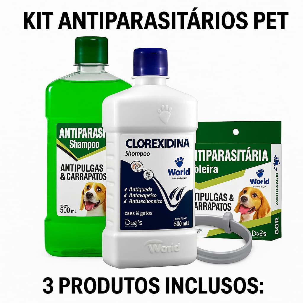 Kit World Shampo Clorexidina 500Ml + Shampoo Anti Pulga 500Ml + Coleira Antipulgas e Carrapatos