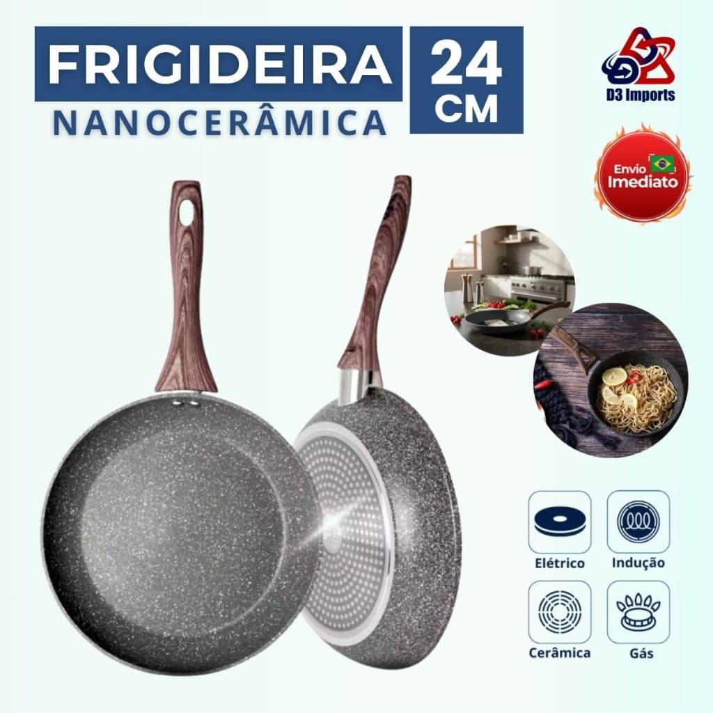 Frigideira Antiaderente Nanocerâmica 24CM Não Gruda e Frita Sem Óleo - Uso em Todos os Fogões