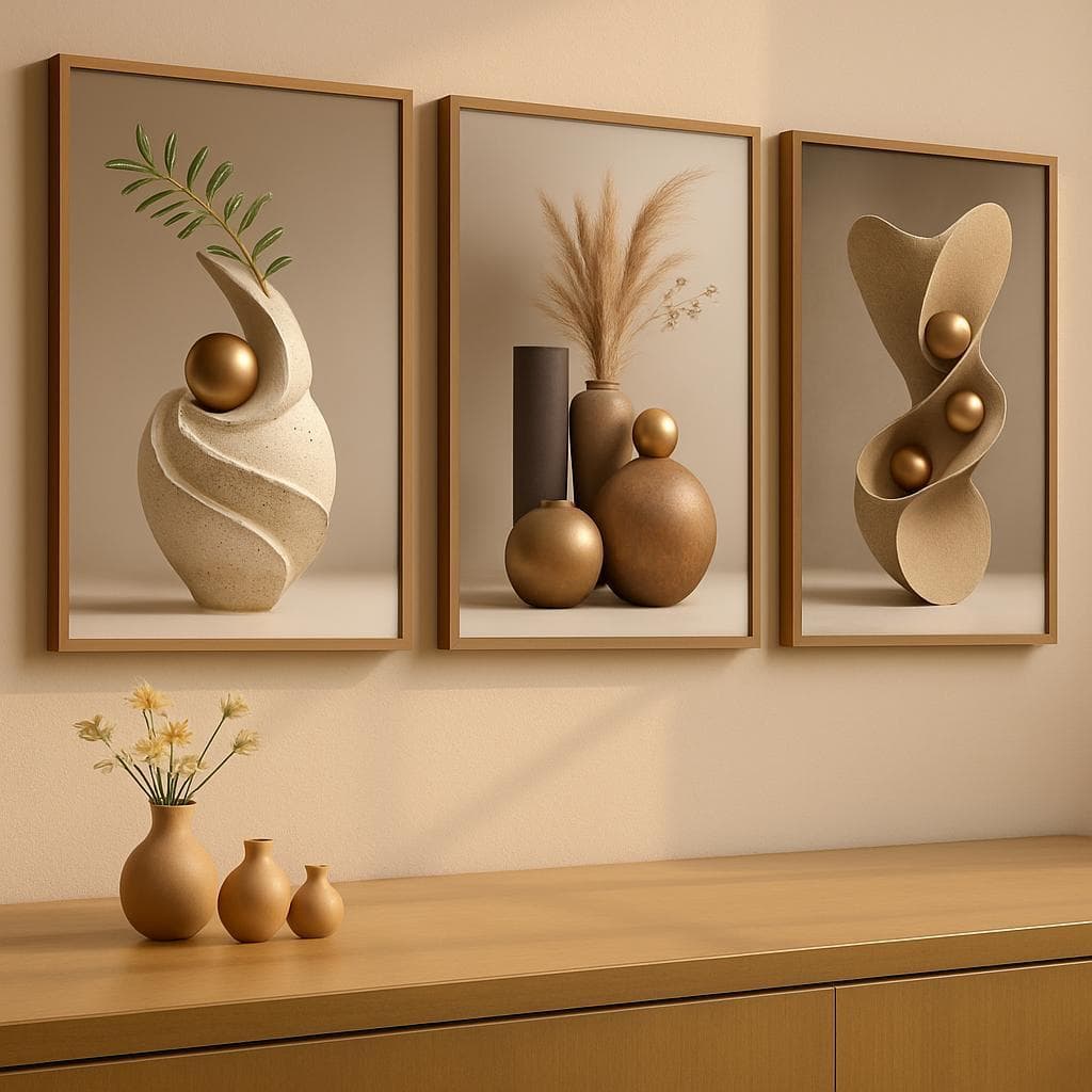 Quadros Decorativos Trio Abstrato Geométrico Moderno Escultura Dourada Luxo Sala