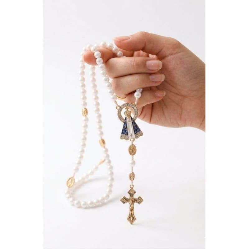 Terço de Nossa Senhora Aparecida Perolado Branco Luxo ✨ Católico Oração Proteção Presente Religioso