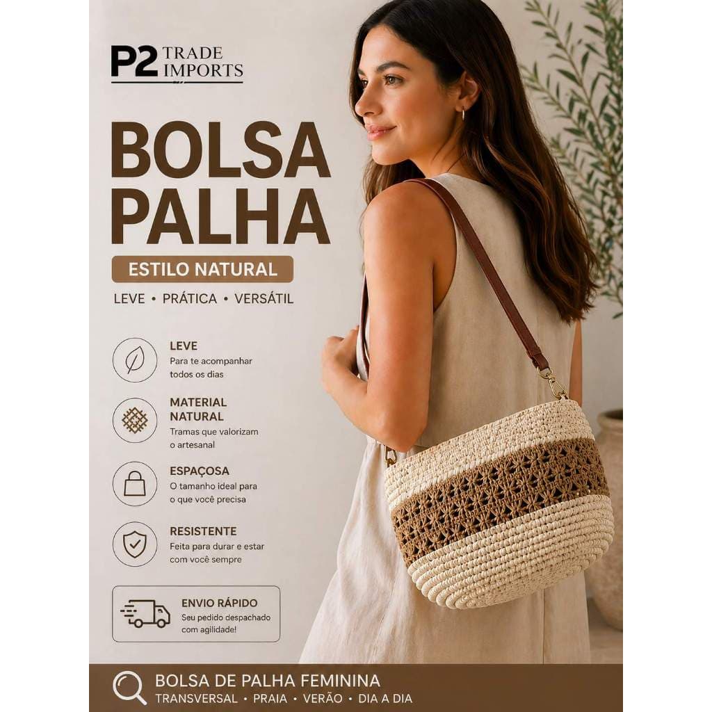 Bolsa Palha Feminina Praia Clube Passeio Elegante Pequena Premium Luxo Alça Ombro