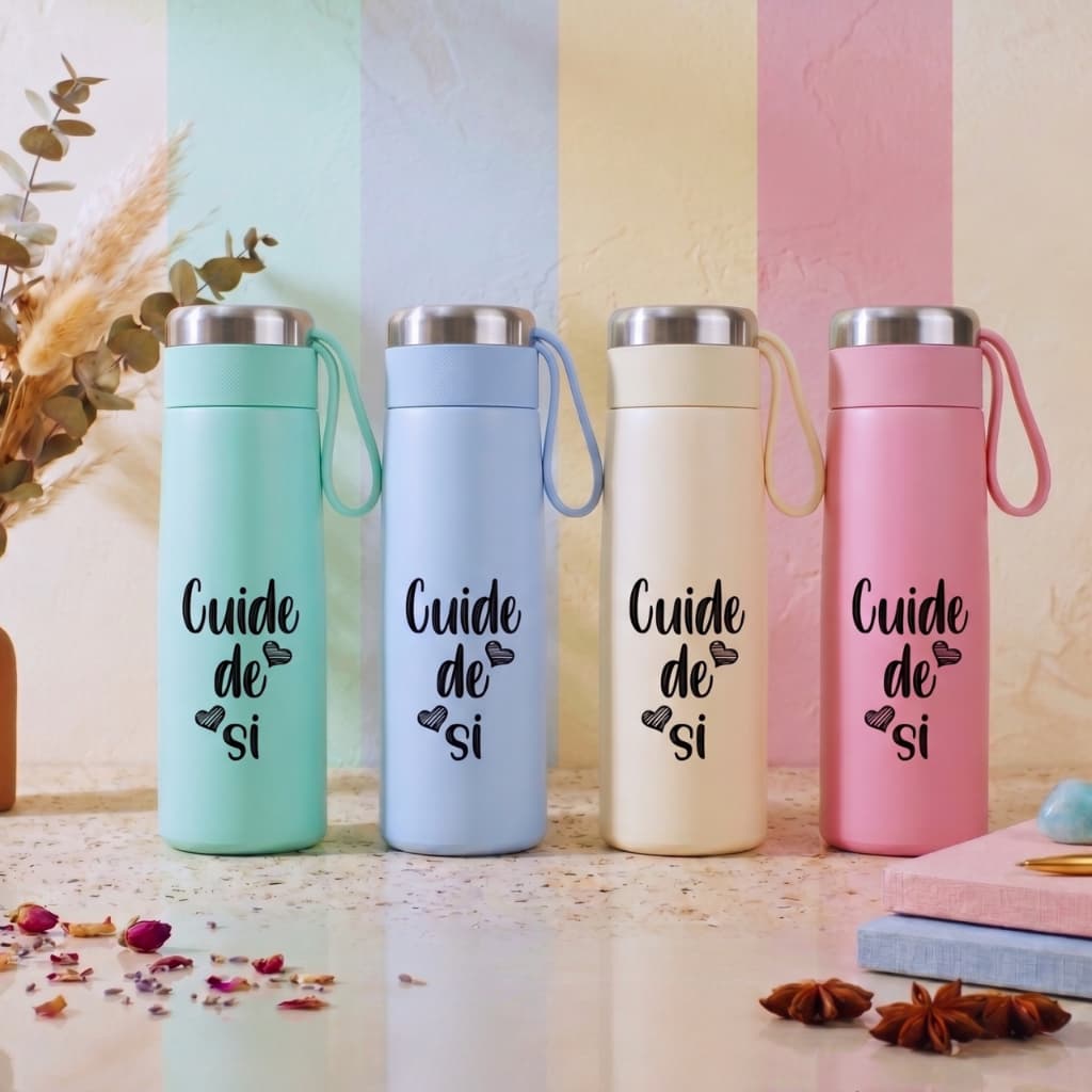 Garrafa Squeeze de Vidro Fosca 400ml Cuide de si- Tampa Antivazamento para Água Café Chá