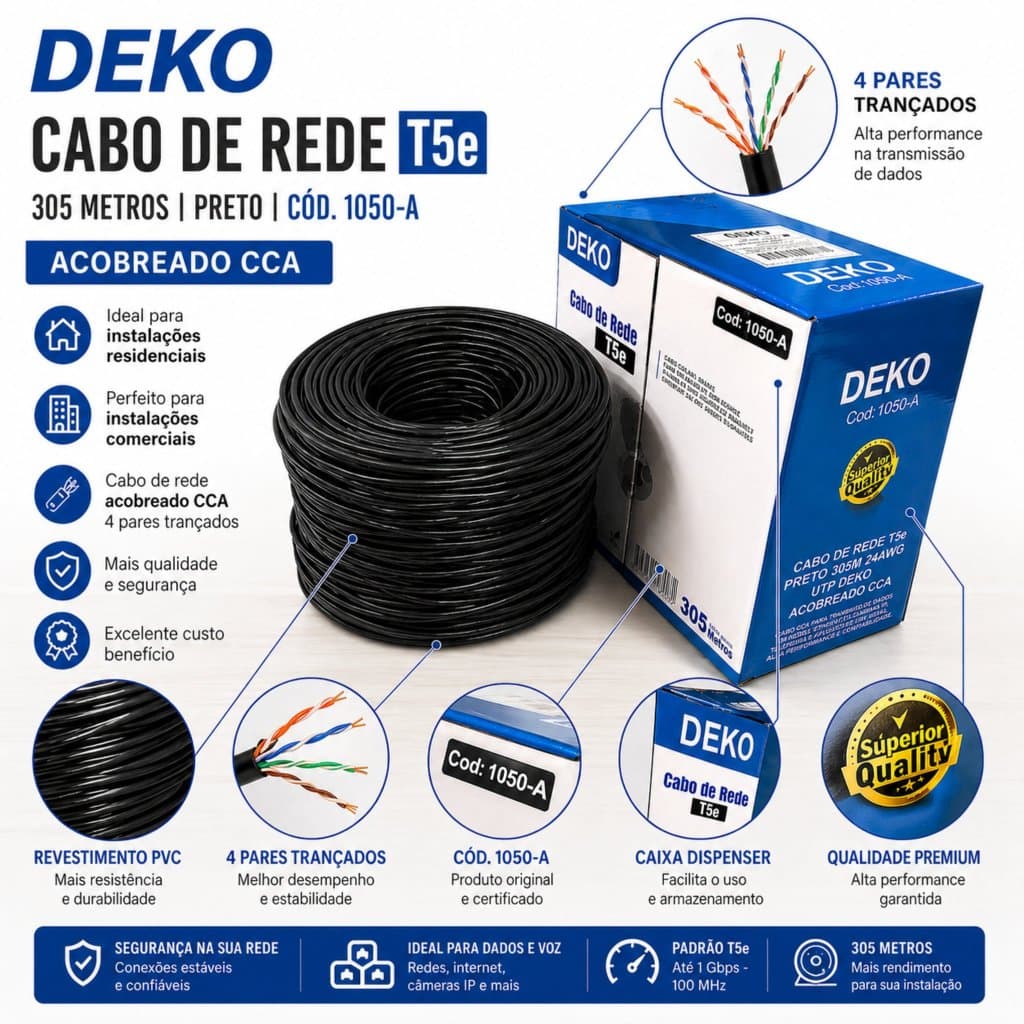 Cabo de Rede T5e Caixa 305metros Preto Amarelo DEKO e LifeData para Internet e CFTV