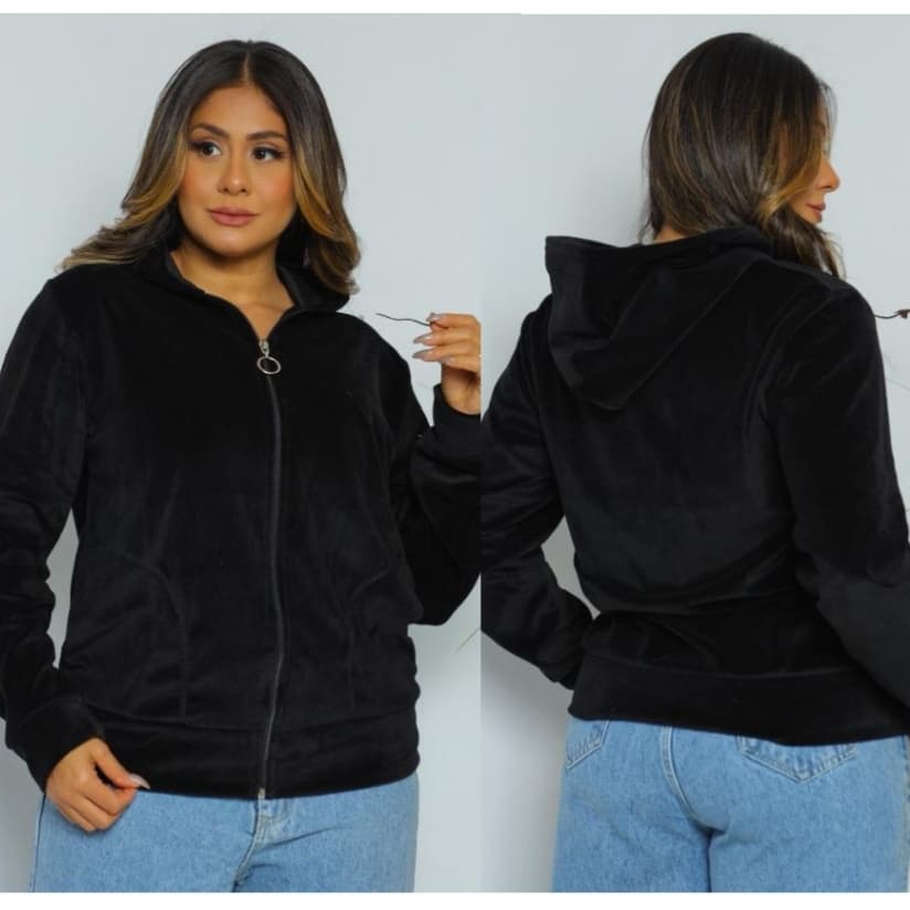 Jaqueta Plush Feminina Com Capuz Zíper Bolsos Quentinha Inverno Moda Casual
