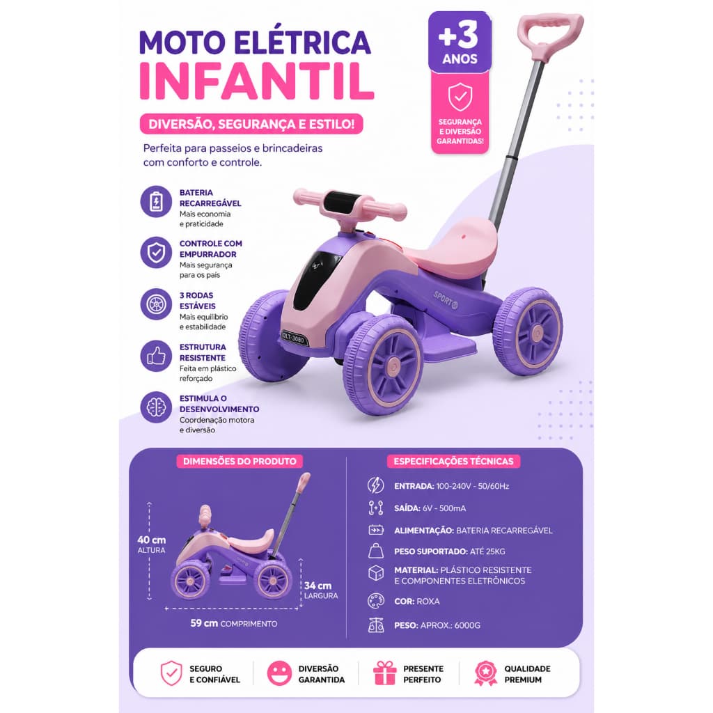 Moto Elétrica Infantil 3 Rodas Com Empurrador Bateria Recarregável Luzes +3 Anos Roxa