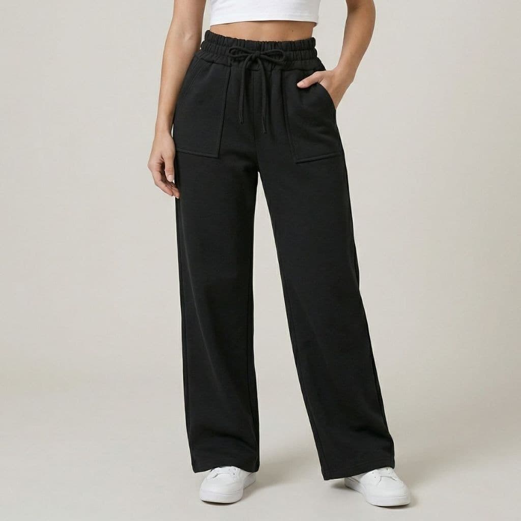 Calça Pantalona Moletom Feminina Flanelada Wide-Leg Cintura Alta Conforto Tendencia Casual