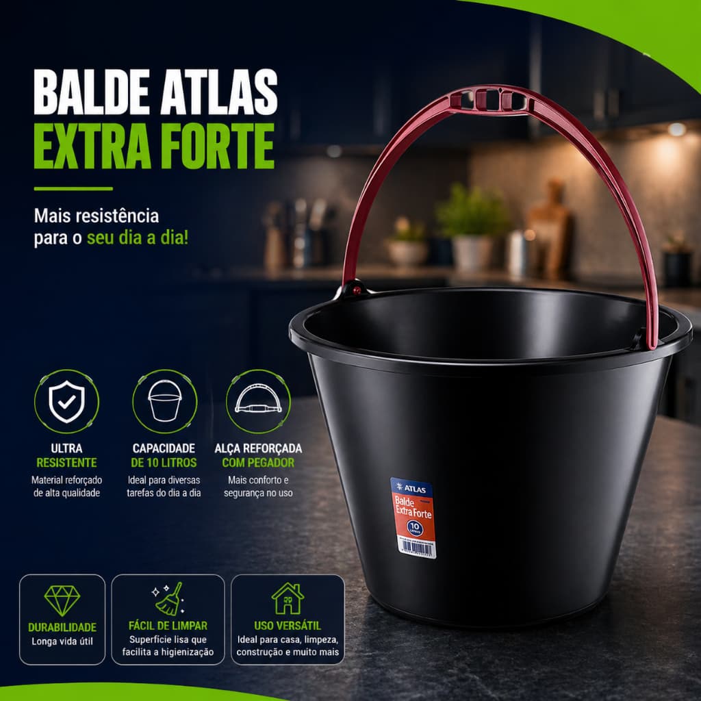 Balde Atlas 10l Preto Super Resistente Multiuso Profissional
