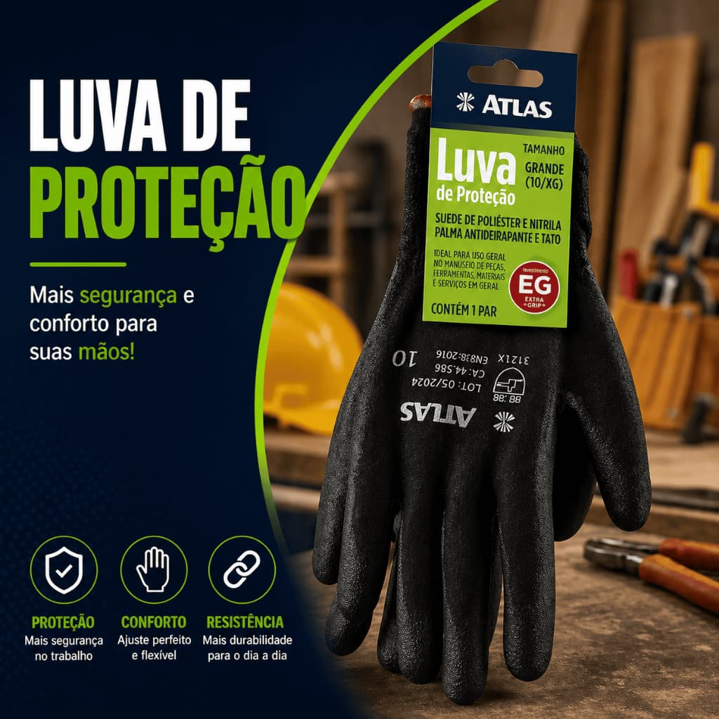 Luva De Proteção Antiderrapante Atlas Para Montagem Preto
