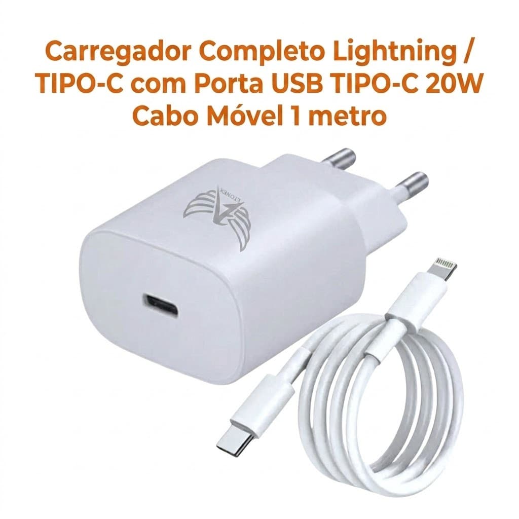 Carregador Completo Lightning / TIPO-C com Porta USB TIPO-C 20W Cabo Móvel 1 metro Altomex AL-5020-5G