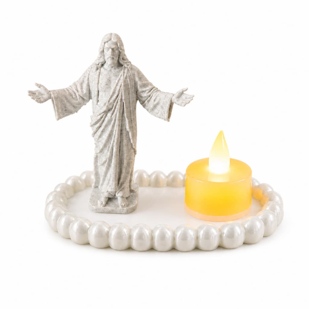 Mini Altar Completo Jesus + Vela LED Luz Quente + Bandeja Terço – Decoração Religiosa Moderna | Presente de Fé e Proteçã