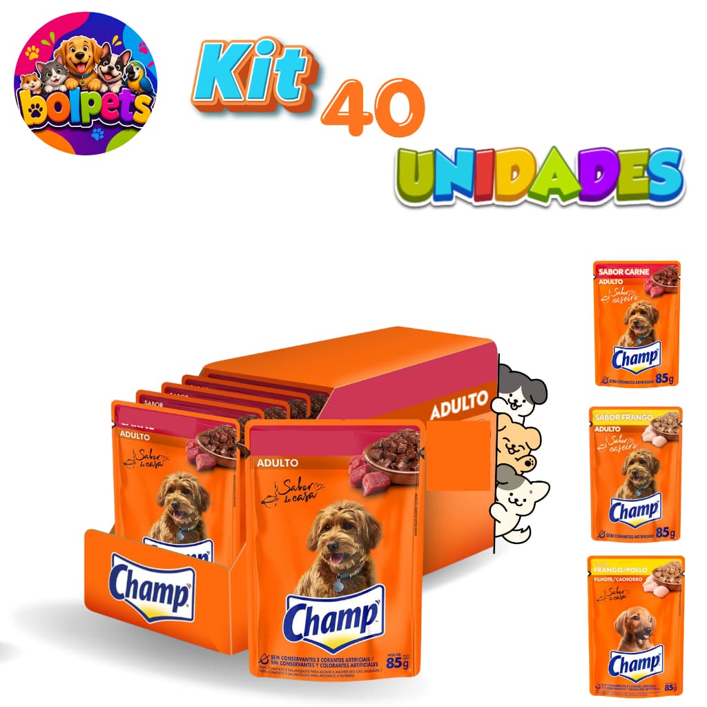 Champ sache para Cães Adultos Sabores Frango, Carne, mix e Filhote Frango 85 g kit 40 UND