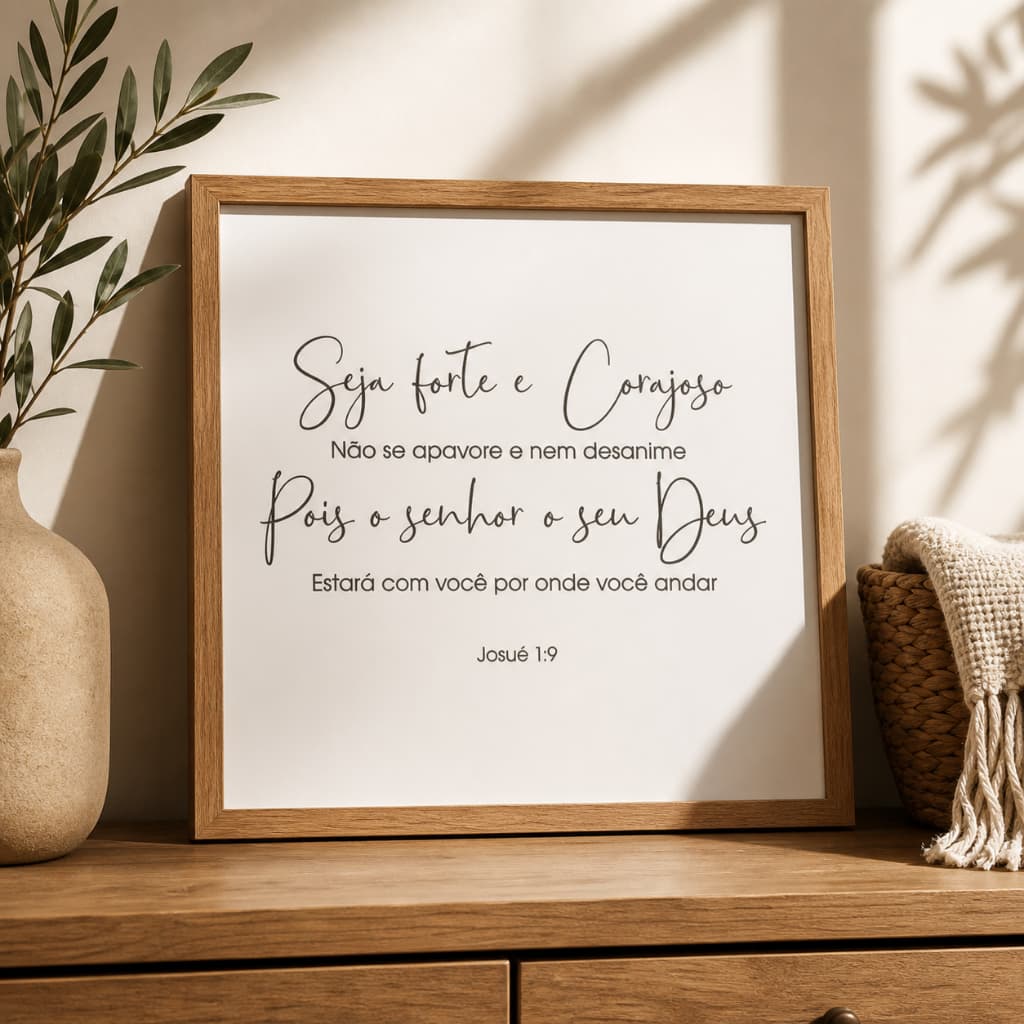 Quadro decorativo cobre caixa de luz com moldura 43x43 SEJA FORTE E CORAJOSO F.bege sala/quarto/cozinha/decoração/parede