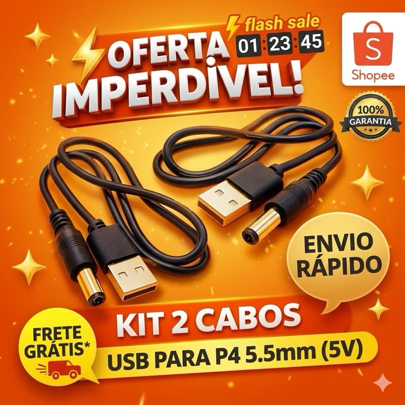 Kit 2 Cabos USB P4 DC 5V 5.5mm x 2.1mm Para Eletrodomésticos e Fontes 80cm