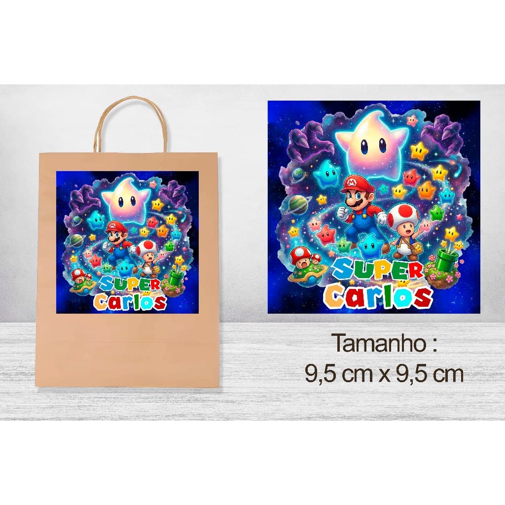 kit adesivo para sacolas Mario galaxy - festa Mario galaxy- Mario bros 2 - filme mario 2 - kit adesivo 9,5 x 9,5