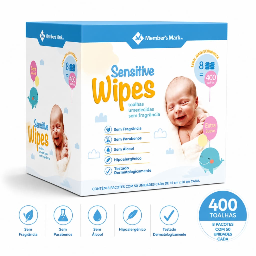 Toalhas Umedecidas Sensitive Wipes Sem Fragrância Hipoalergênico Dermatologicamente Testado C/ Tampa