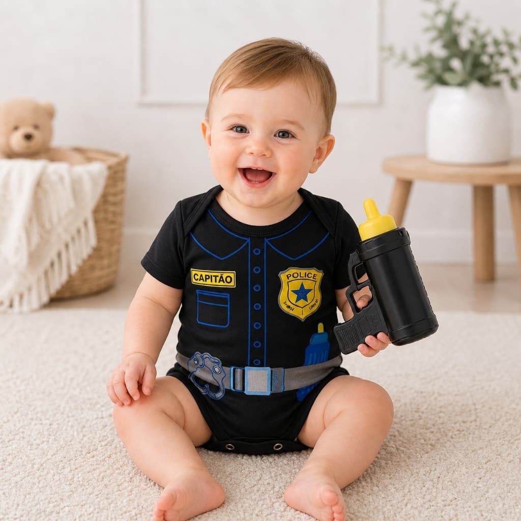 Body Bebê Temático + Arminha Brinquedo Polícial Roupa Infantil Mesversário