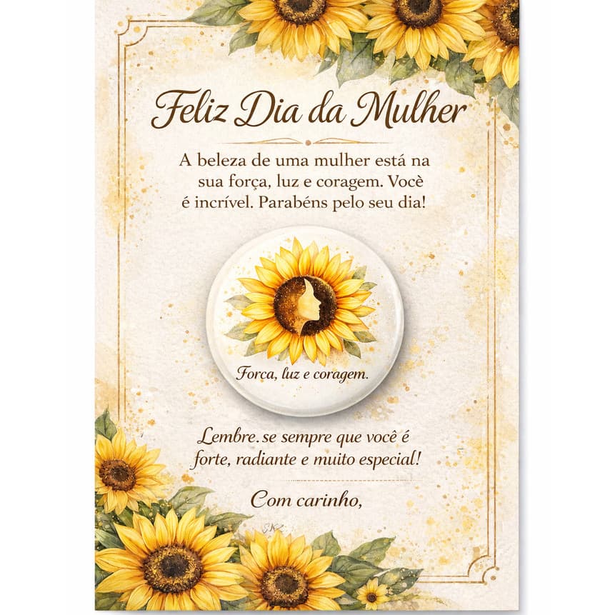 Kit Botton 5,8cm Dia da Mulher + Cartão Elegante com Girassol |Lembrança 08 de Março,Brinde,Presente