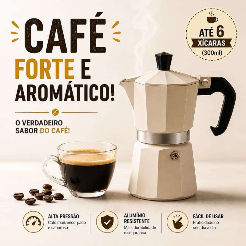 Cafeteira Italiana 6 Xícaras 300ml Alumínio Café Espresso Alta Pressão Tradicional
