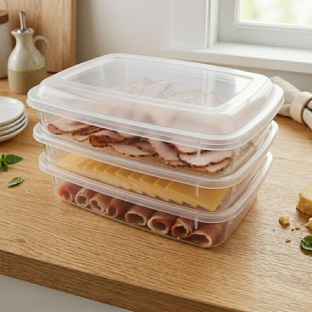 Porta Frios Triplo De Plastico 3 Andares Retangular Gold 900ml por Pote Com Tampa Trasnparente