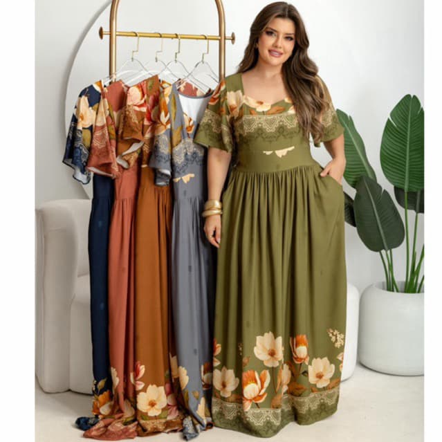 Vestido Longo moda evangélica Floral Elegante com Estampa Tropical e Manga Solta para Verão