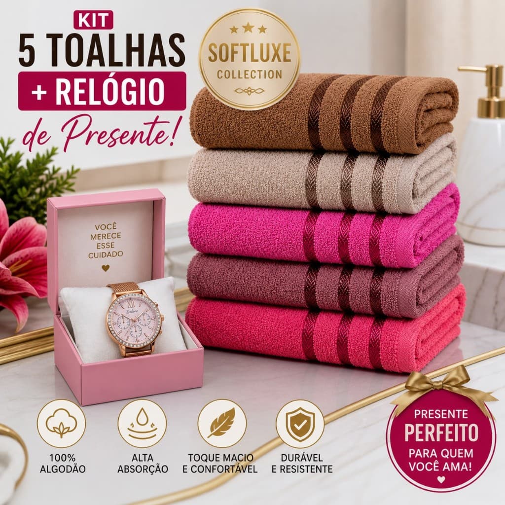 Kit 5 Toalhas 100% Algodão Macias e Absorventes + relogio feminino presente especial
