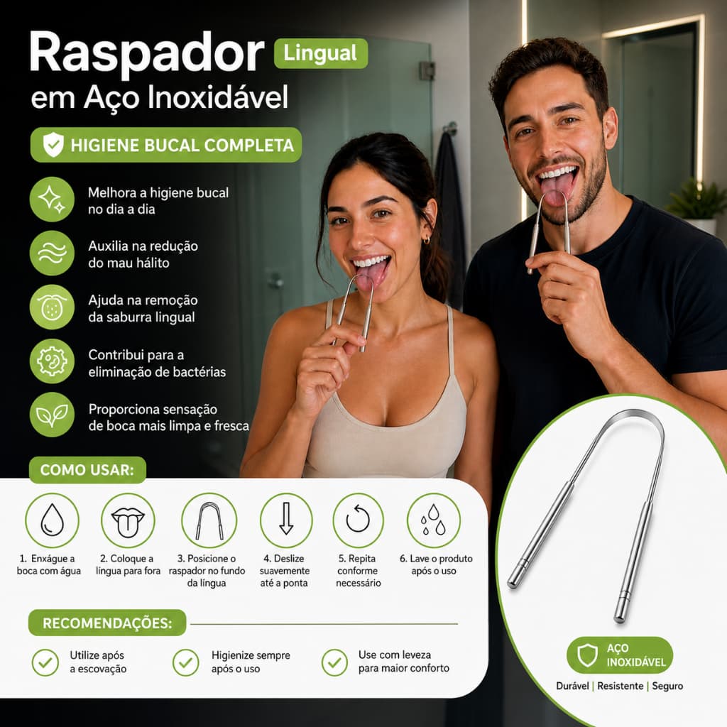 Raspador de Língua em Aço Inoxidável Premium Removedor de Saburra Lingual para  Higiene Bucal Completa